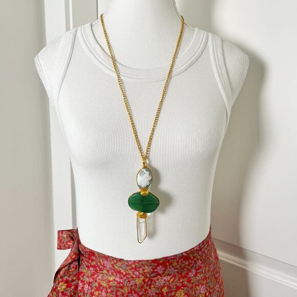 Handcrafted Bohemian QUARTZ, Green Agate & Pearl Pendant on a Gold-Tone Chain - Picture 5 of 11